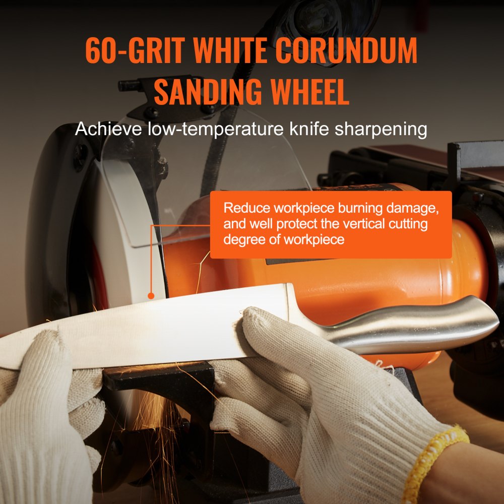 A hand in white glove sharpens a knife on a 60-grit white corundum sanding wheel of a bench grinder.