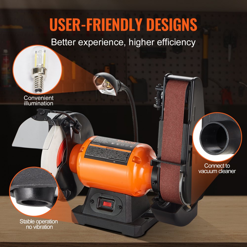 Orange 8-inch bench grinder with 2x28-inch belt sander, LED light, and vacuum port.
