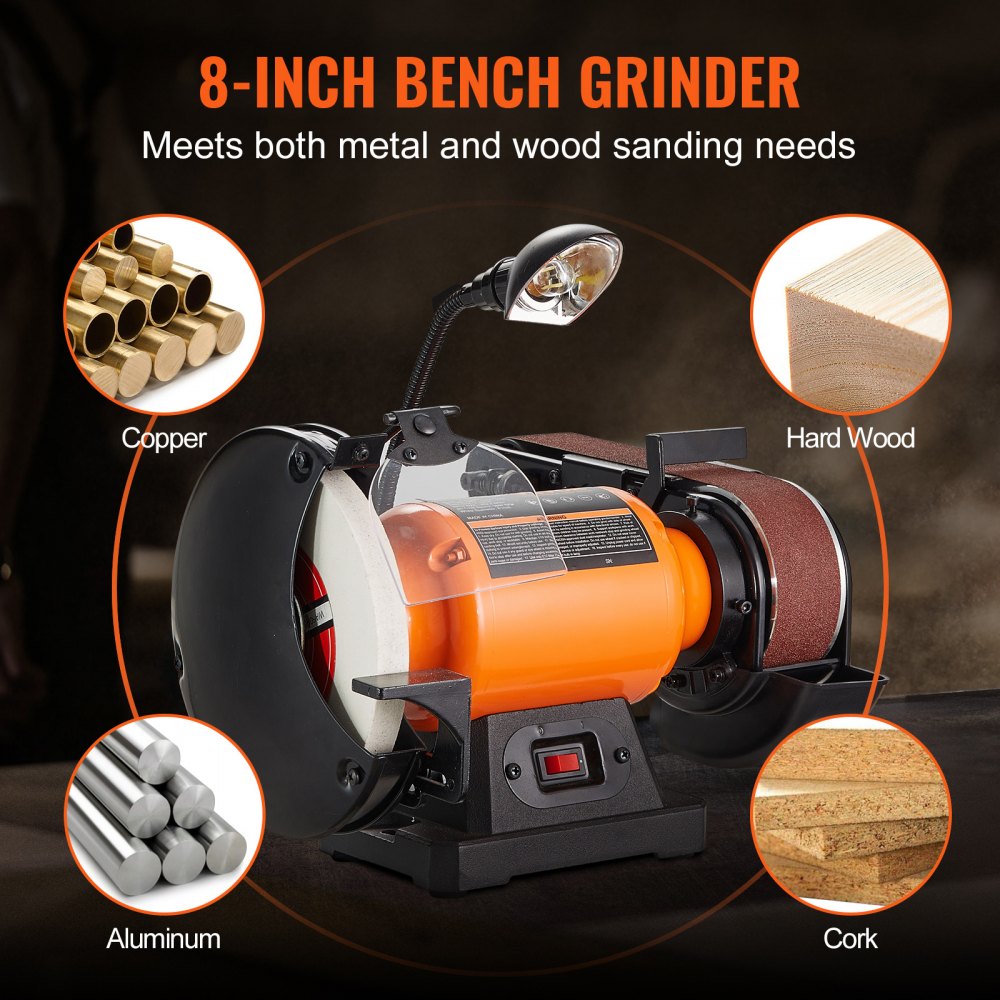 Orange 8-inch bench grinder with belt sander combo, 2.5A motor, for metal and wood.