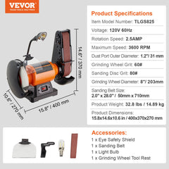 An orange and black bench grinder with a belt sander, dimensions, and specifications.