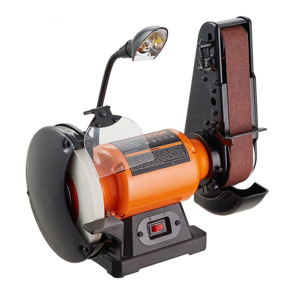 Orange 8-inch bench grinder with 2x28-inch belt sander, 2.5A motor, LED light, and guards.