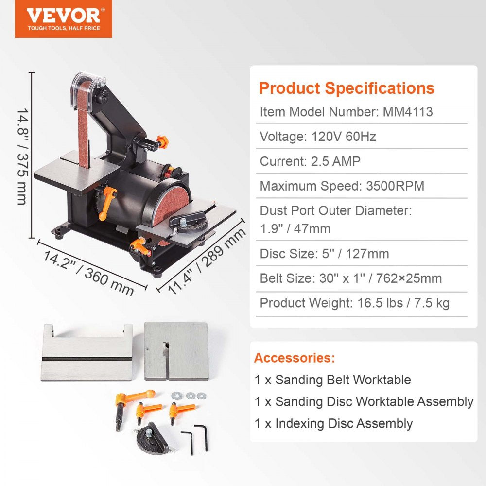 5" Disc Sander and 1" x 30" Belt Sander Combo with 2.5A Induction Motor, Powerful Woodworking Bench Sander with 0-45° Adjustable Cast Aluminum Work Table