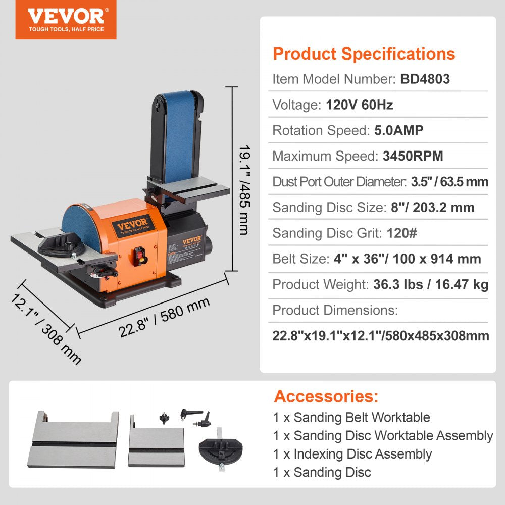 Professional Belt Sander, 6" Disc Sander and 4 x 36 in. Belt Sander with 5A Induction Motor Cast Aluminum Worktable for Woodworking, Metalworking