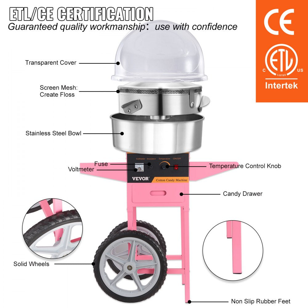 Electric Cotton Candy Machine Cart with Bubble Cover Shield, 1000W Commercial Floss Maker with Stainless Steel Bowl, Sugar Scoop and Drawer, Perfect for Home, Kids Birthday, Family Party, Pink