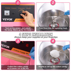 Electric Cotton Candy Machine Cart with Bubble Cover Shield, 1000W Commercial Floss Maker with Stainless Steel Bowl, Sugar Scoop and Drawer, Perfect for Home, Kids Birthday, Family Party, Pink