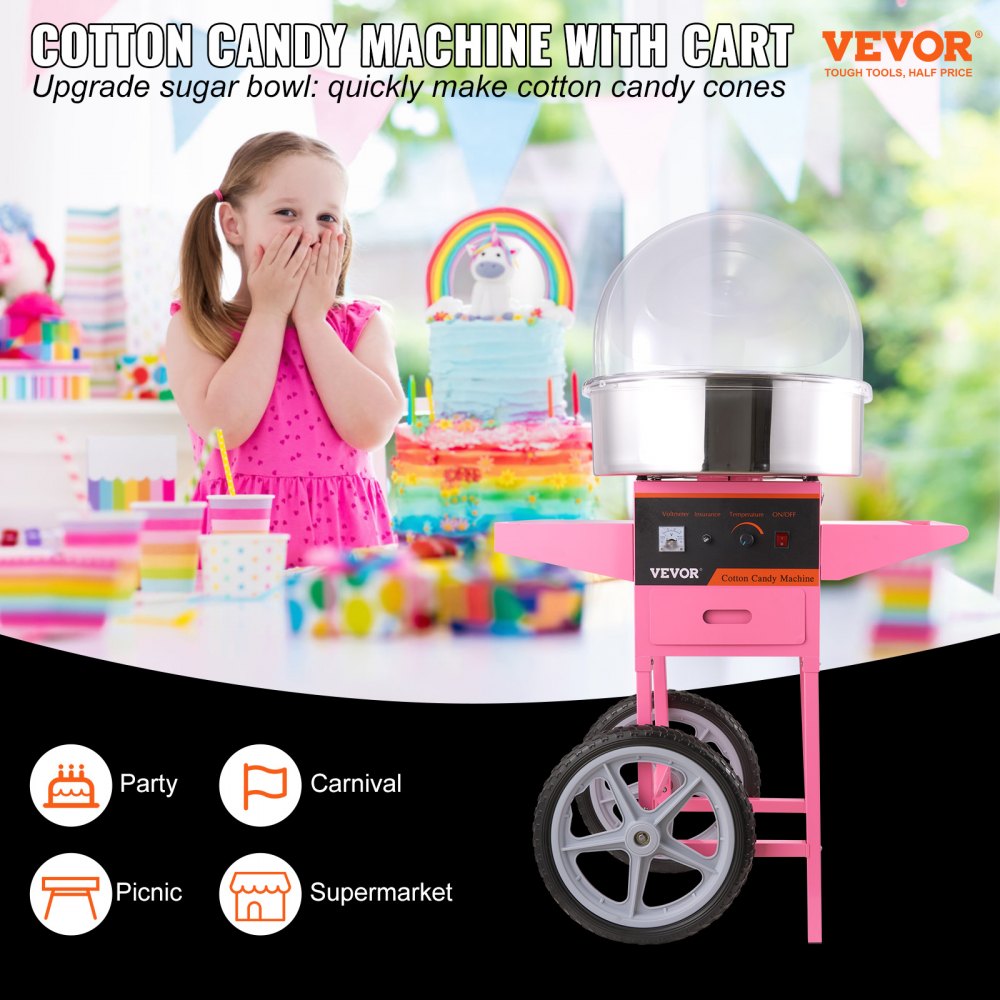Electric Cotton Candy Machine Cart with Bubble Cover Shield, 1000W Commercial Floss Maker with Stainless Steel Bowl, Sugar Scoop and Drawer, Perfect for Home, Kids Birthday, Family Party, Pink