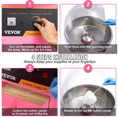Electric Cotton Candy Machine, 1000W Candy Floss Maker, Commercial Cotton Candy Machine with Stainless Steel Bowl, Sugar Scoop, and Cover, Perfect for Home Kids Birthday, Family Party Pink