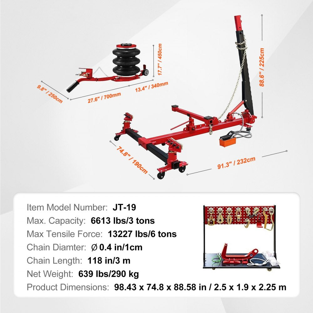 Auto Body Frame Straightener, 6 Ton Tension Car Frame Puller, Auto Body Frame Machine with Swivel Post, Hydraulic Foot Pump, Airbag Jack and Pulling Clamp Set, for Auto Body Frame Repair