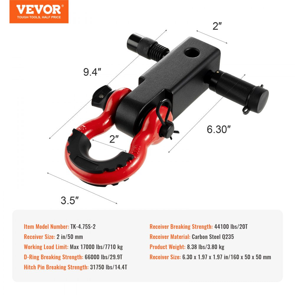 2" Trailer Shackle Hitch Receiver D-Ring Recovery for Truck Jeep 66000 lbs