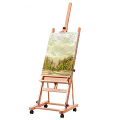 Bostome H-Frame studio easel in beechwood with adjustable canvas holder and integrated tray.