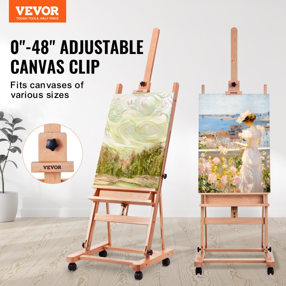 Bostome H-Frame studio easel in beechwood, adjustable for canvases up to 48 inches.