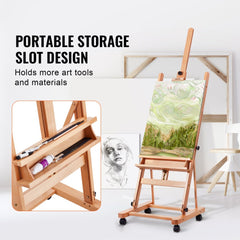 Beechwood H-Frame studio easel with adjustable canvas holder and integrated tray storage.