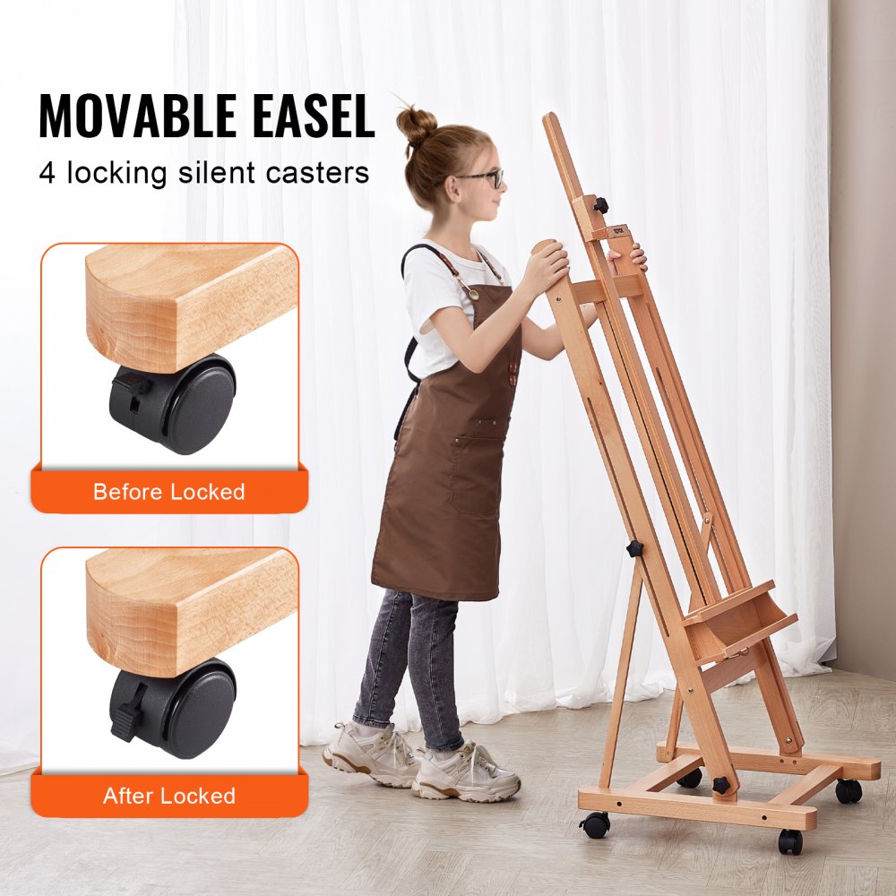 Bostome H-Frame studio easel made of beechwood with adjustable canvas holder and tray storage.