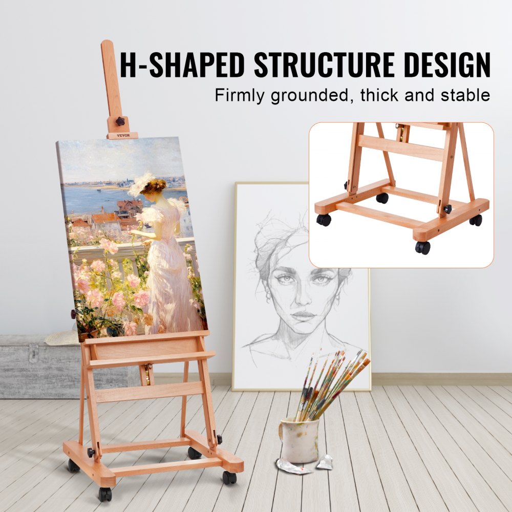 Bostome H-Frame studio easel in beechwood with adjustable canvas holder and integrated tray.