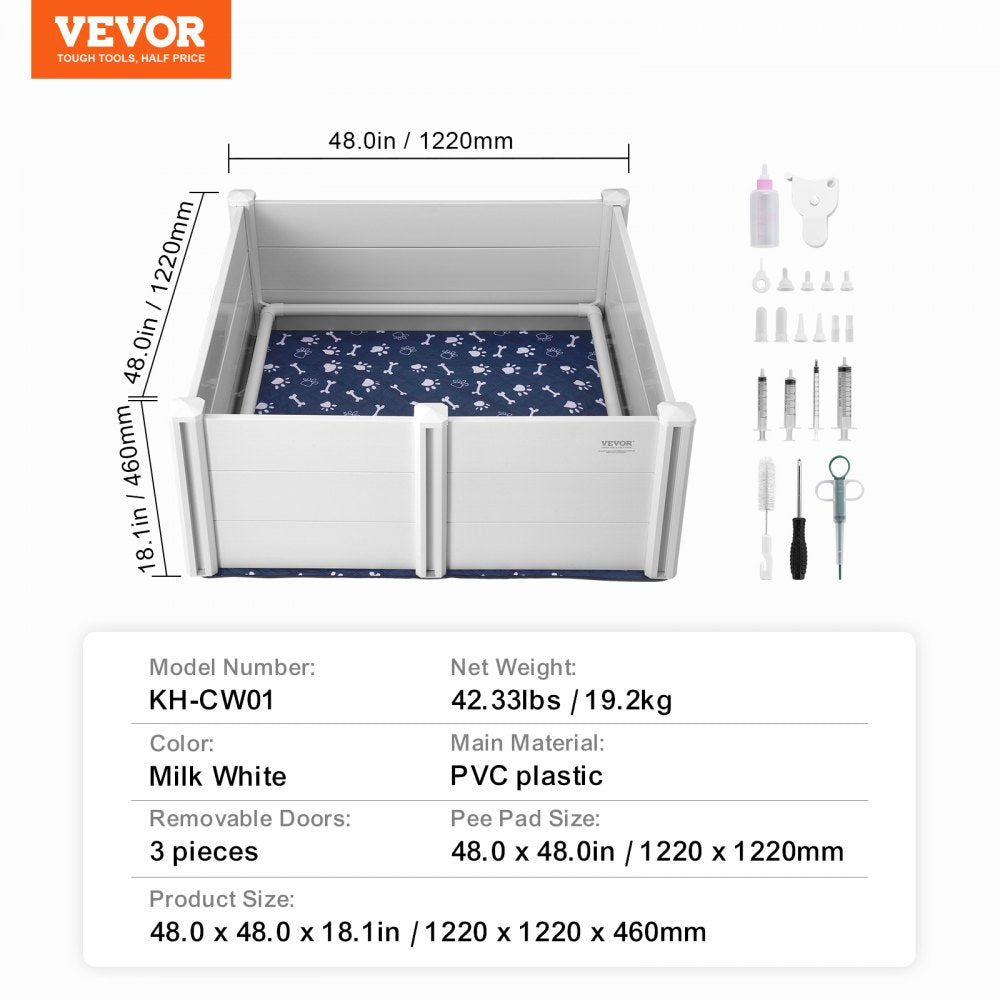 Dog Whelping Box 48 x 48 x 18.1in PVC with Rails Pee Pad for Dogs Puppies
