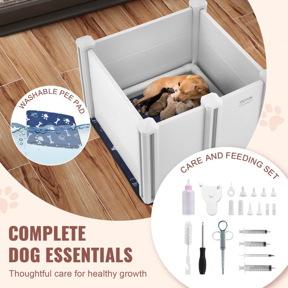 Dog Whelping Box 28.3x28.3x18.1in PVC with Rails Pee Pad for Dogs Puppies