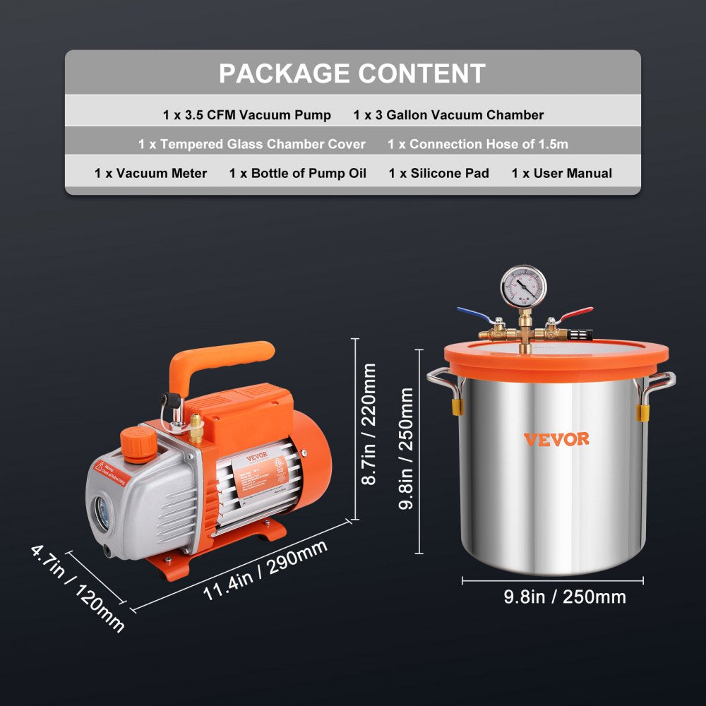 3 Gallon Vacuum Chamber and 3.5 CFM Pump Kit, Tempered Glass Lid Vacuum Degassing Chamber Kit, Single Stage Vacuum Pump with 250 ml Oil Bottle, for Stabilizing Wood, Degassing Silicones, Epoxies