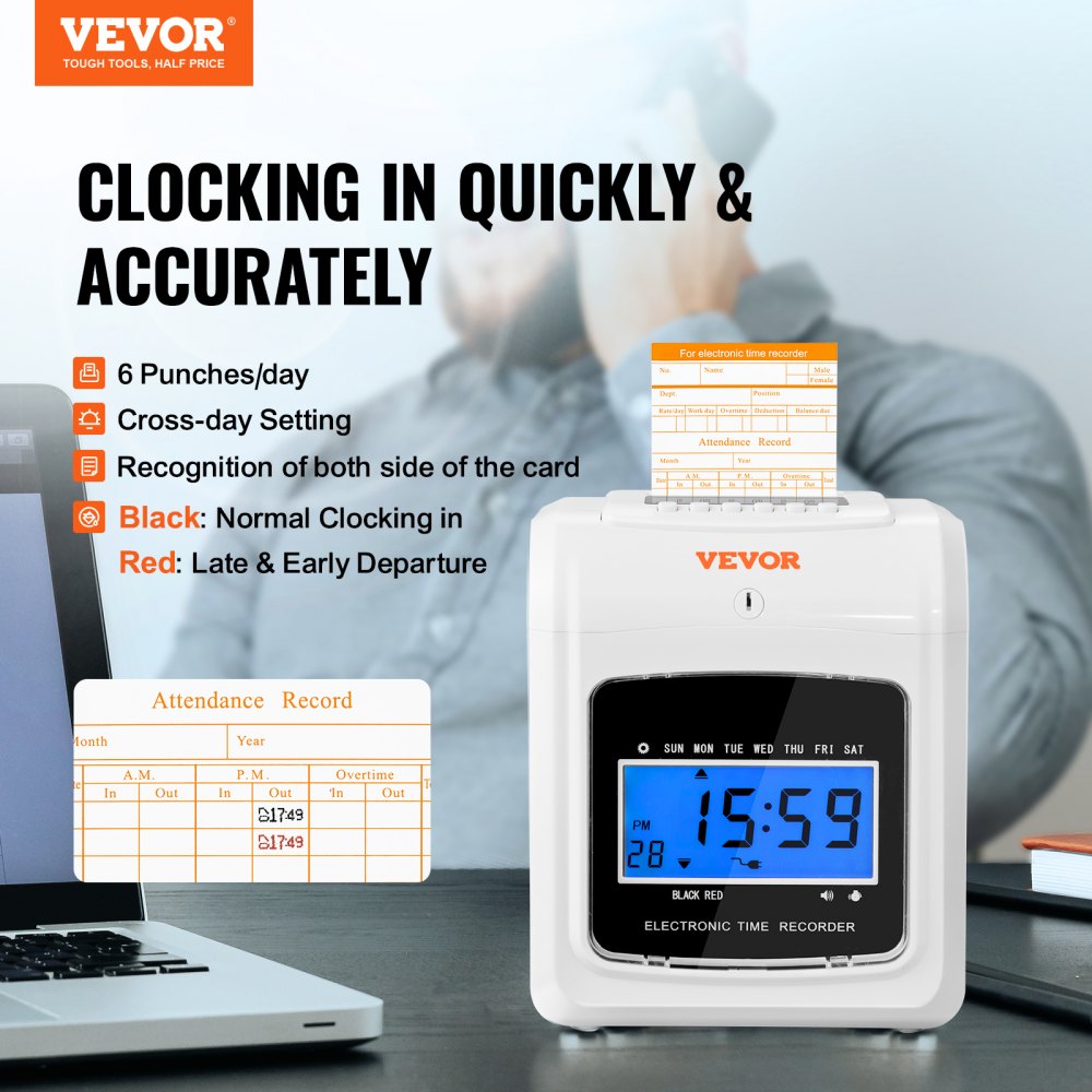 Punch Time Clock, Time Tracker Machine for Employees of Small Business, 6 Punches per Day, Time Clock Punch Machine Includes 102 Time Cards, 1 Ink Ribbon and 2 Security Keys