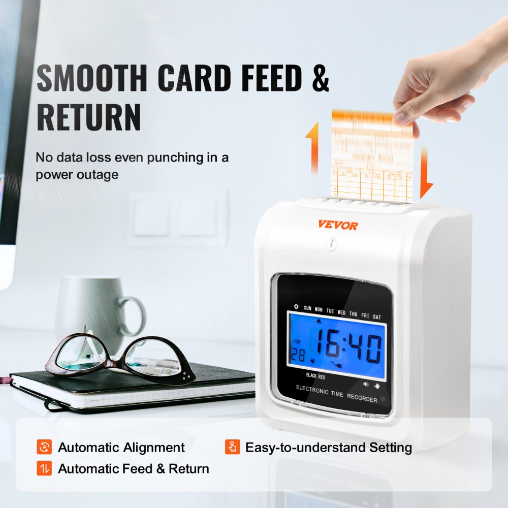 Punch Time Clock, Time Tracker Machine for Employees of Small Business, 6 Punches per Day, Time Clock Punch Machine Includes 102 Time Cards, 1 Ink Ribbon and 2 Security Keys