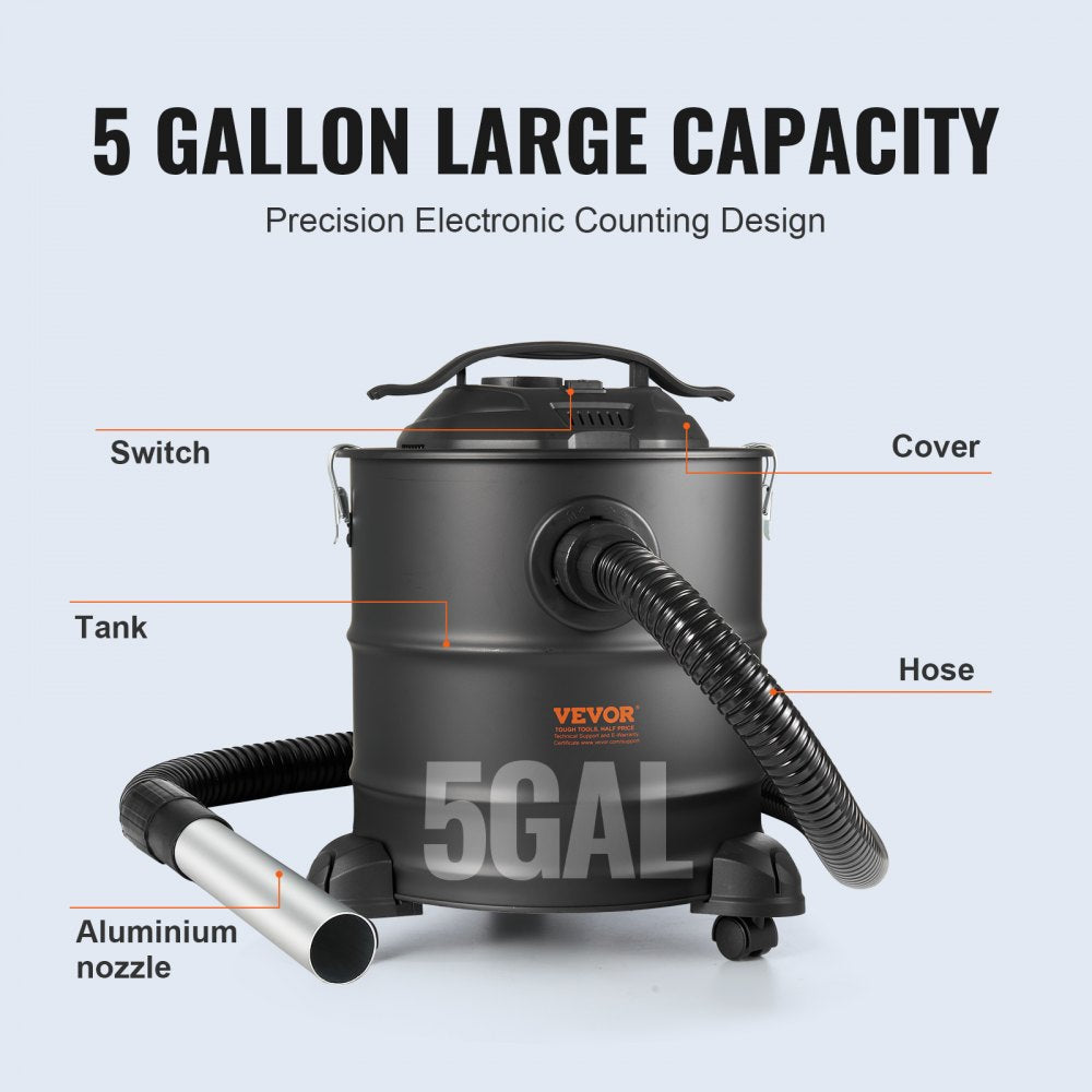 Bostome 5 gallon ash vacuum cleaner with a 1200W motor and flexible heat-resistant hose.