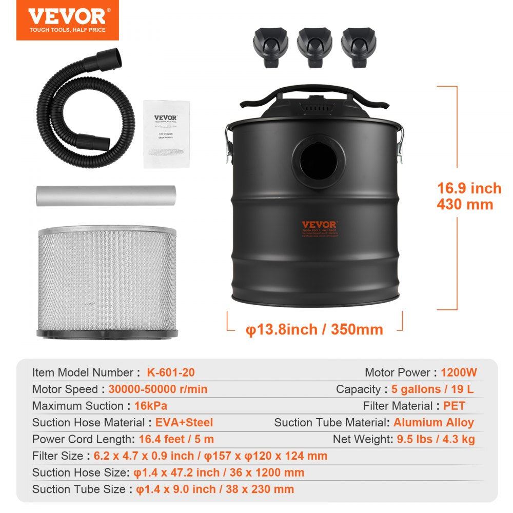 Bostome 5 gallon ash vacuum cleaner with a 1200W motor and heat-resistant flexible hose.