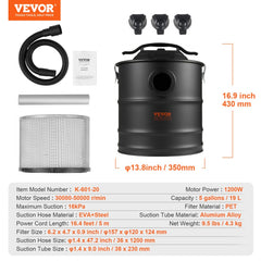 Bostome 5 gallon ash vacuum cleaner with a 1200W motor and heat-resistant flexible hose.