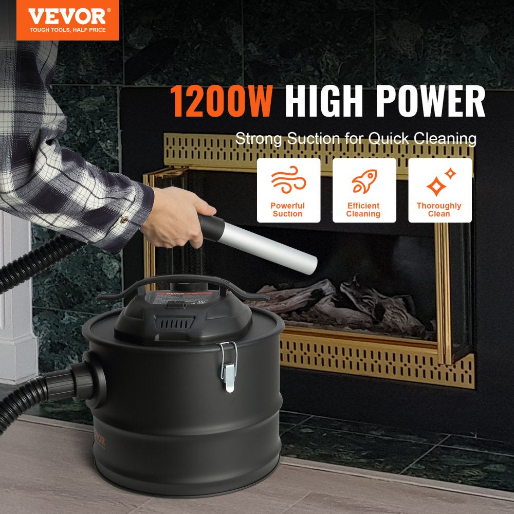 A black 4-gallon 1200W Bostome ash vacuum cleaner with a flexible hose and attachments.