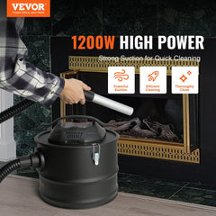 A black 4-gallon 1200W Bostome ash vacuum cleaner with a flexible hose and attachments.