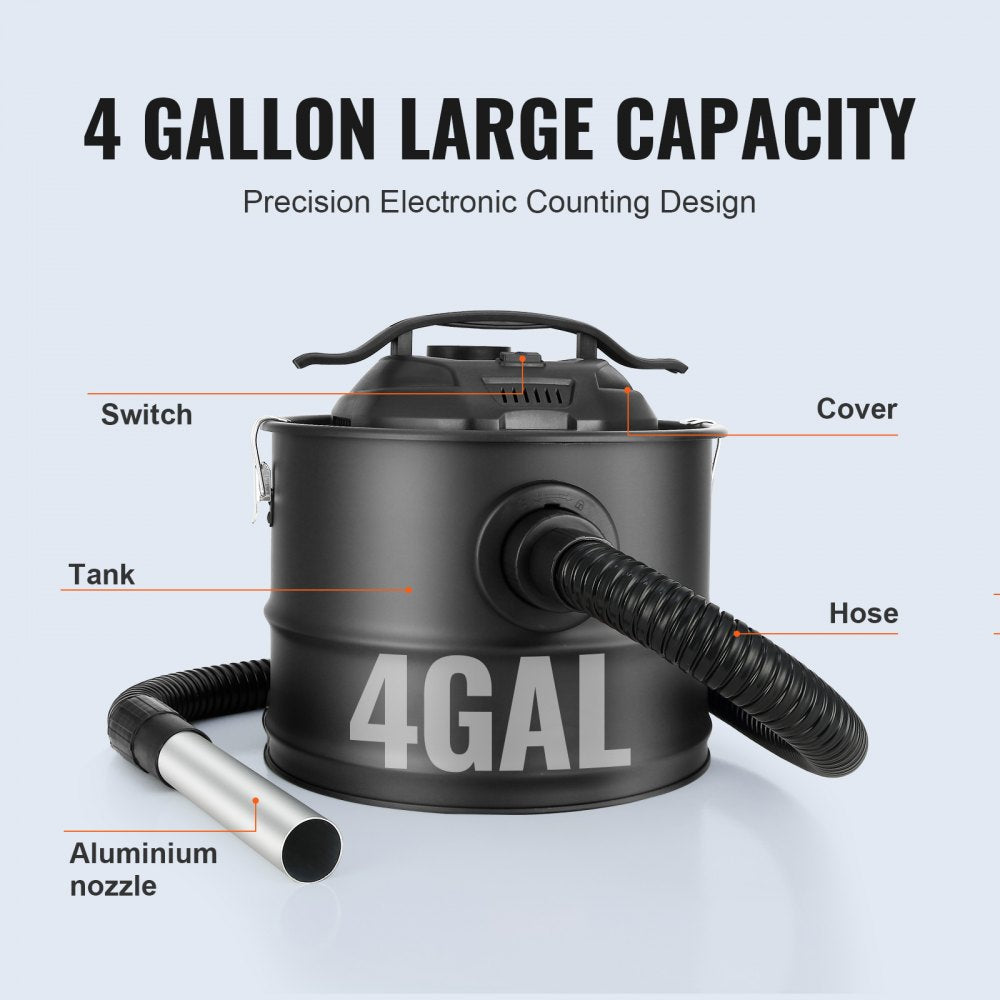 4-gallon black ash vacuum cleaner with flexible hose, aluminum nozzle, switch, and cover.