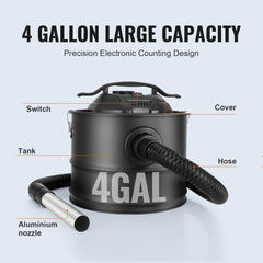 4-gallon black ash vacuum cleaner with flexible hose, aluminum nozzle, switch, and cover.