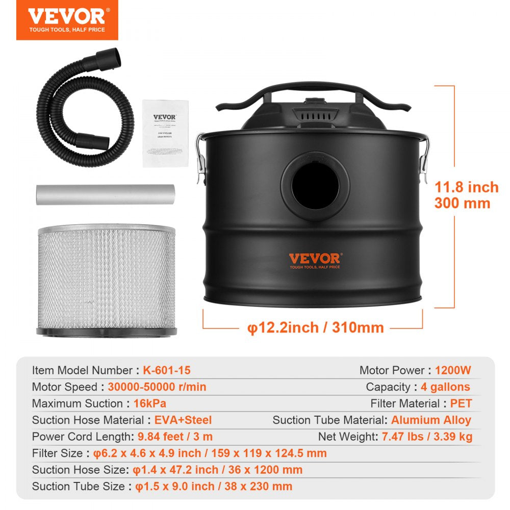4-gallon 1200W ash vacuum cleaner with flexible hose and HEPA filter.