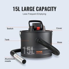 Bostome 15L ash vacuum cleaner with 10kPa suction, black canister, hose, and aluminum nozzle for fireplaces and pellet stoves.