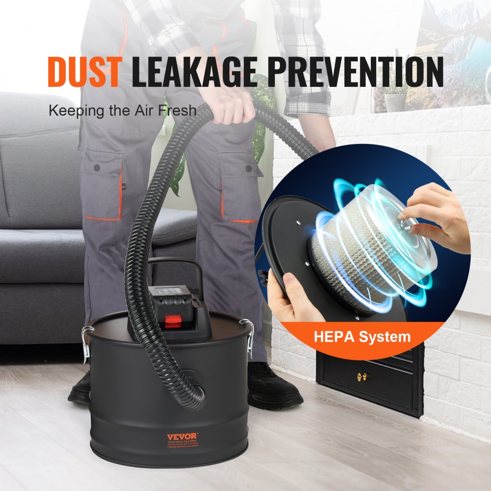 Bostome 15L ash vacuum cleaner with 10kPa suction, HEPA filter, and hose for fireplaces.