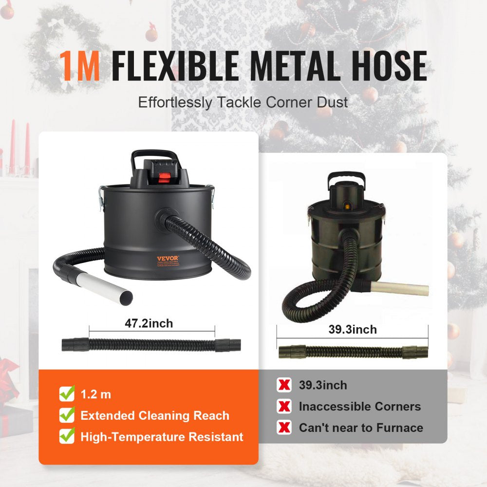 Bostome 15L ash vacuum cleaner with 1m flexible metal hose and 47-inch heat-resistant extension for fireplaces and pellet stoves.