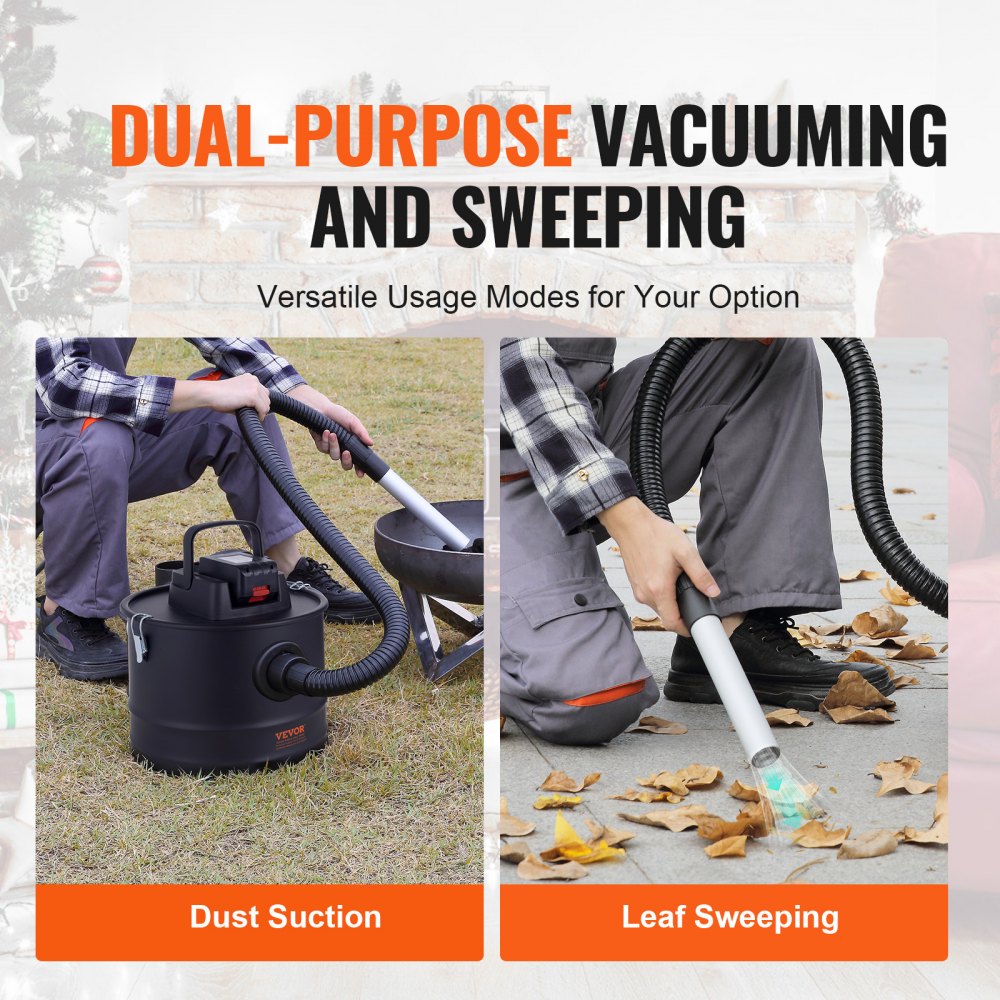 Bostome 15L ash vacuum cleaner shown in dust suction and leaf sweeping modes.