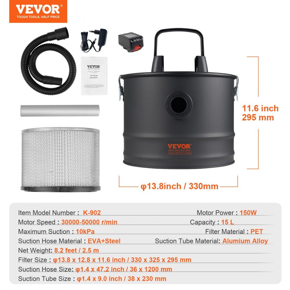 Bostome 15L ash vacuum cleaner with 10kPa suction for fireplaces and pellet stoves.