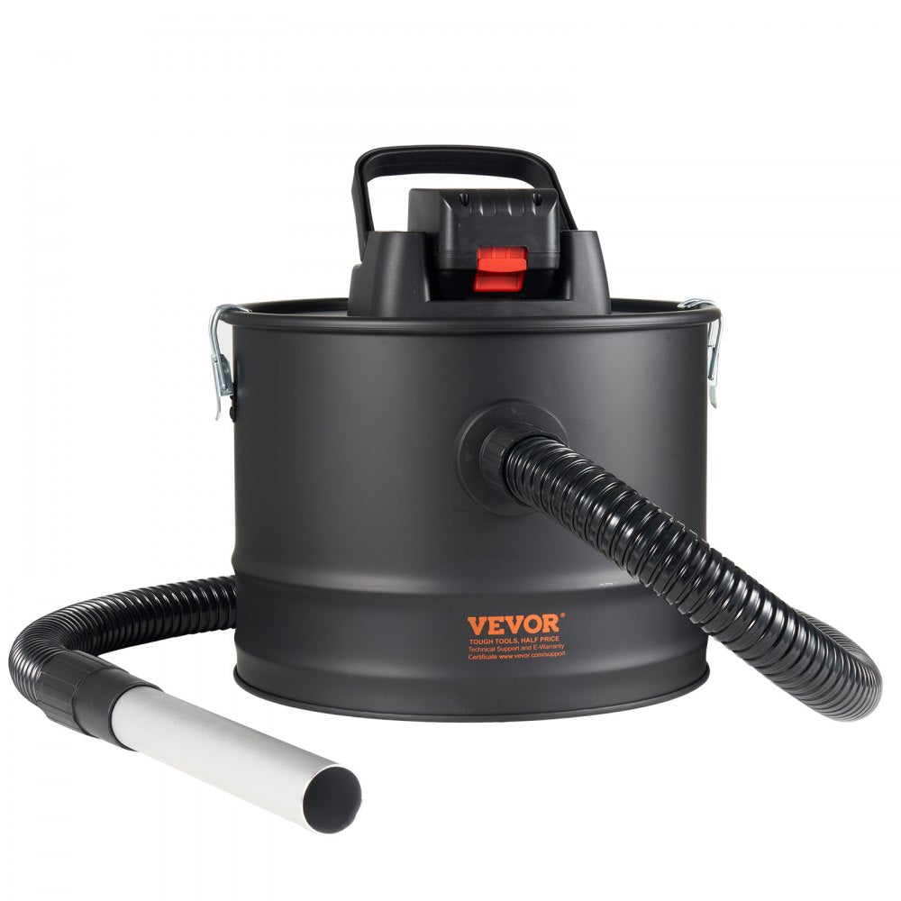 Black Bostome 15L ash vacuum cleaner with 10kPa suction, hose, and nozzle for fireplaces.