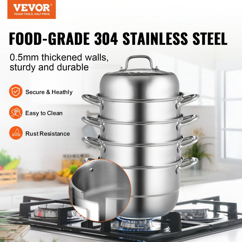 5-Tier Stainless Steel Steamer, 11`` Multi-Layer Cookware Pot with Handles on Both Sides, Work with Gas, Electric, Grill Stove Top, Dia-28cm, Sliver