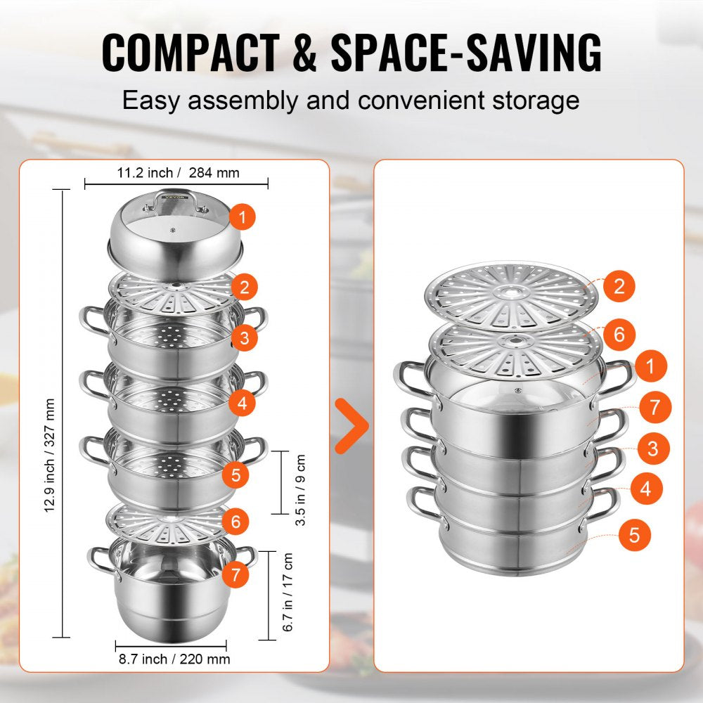 5-Tier Stainless Steel Steamer, 11`` Multi-Layer Cookware Pot with Handles on Both Sides, Work with Gas, Electric, Grill Stove Top, Dia-28cm, Sliver