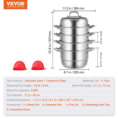 5-Tier Stainless Steel Steamer, 11`` Multi-Layer Cookware Pot with Handles on Both Sides, Work with Gas, Electric, Grill Stove Top, Dia-28cm, Sliver