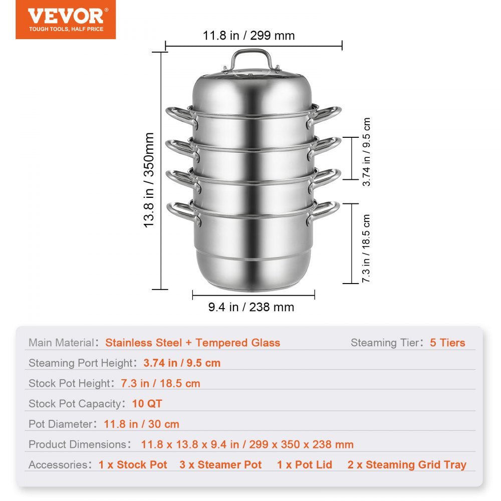 Dumpling Steamer Stainless Steel 5 Titer for for Cook Soup, Noodles, Fishes Work with Gas Electric Grill Stove Top, Dia 30cm/11.8inch, Pot