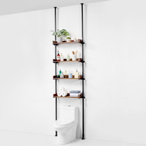4-tier over-the-toilet storage rack with adjustable wooden shelves and tension pole.