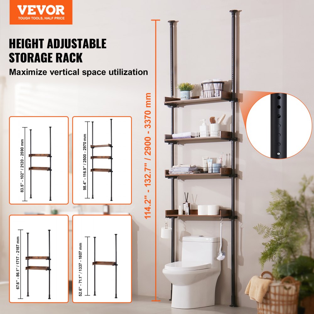 4-tier adjustable bathroom shelf with wooden shelves and a tension pole for over-the-toilet storage.
