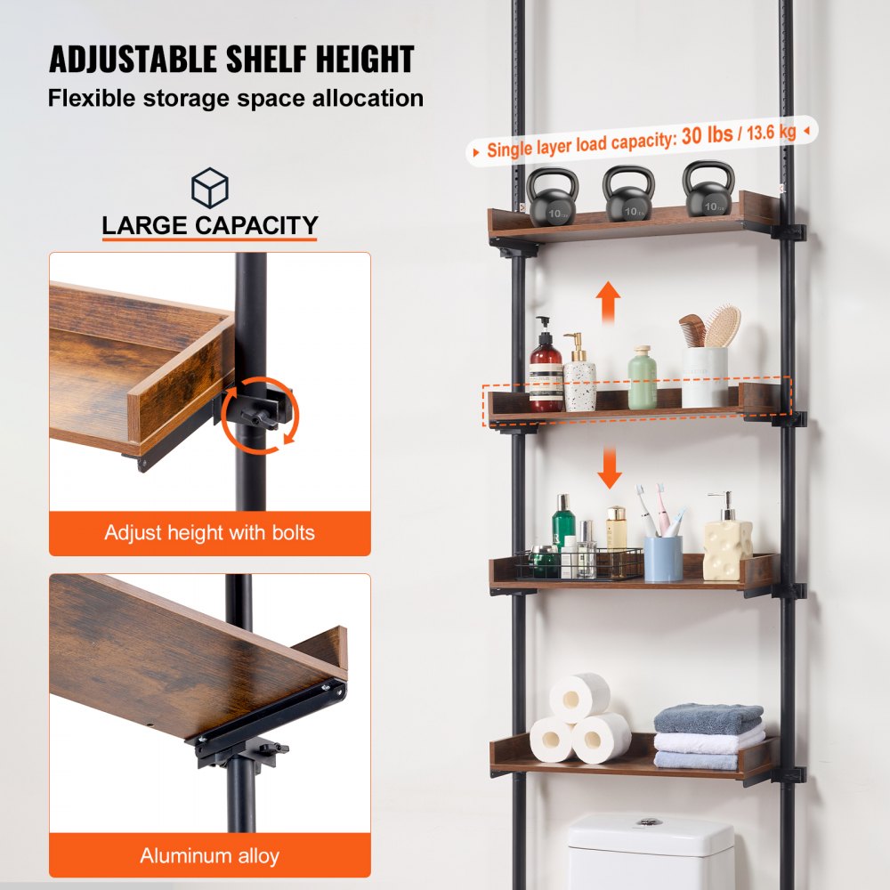 4-tier adjustable bathroom shelf rack with wooden shelves and tension pole for over-the-toilet use.