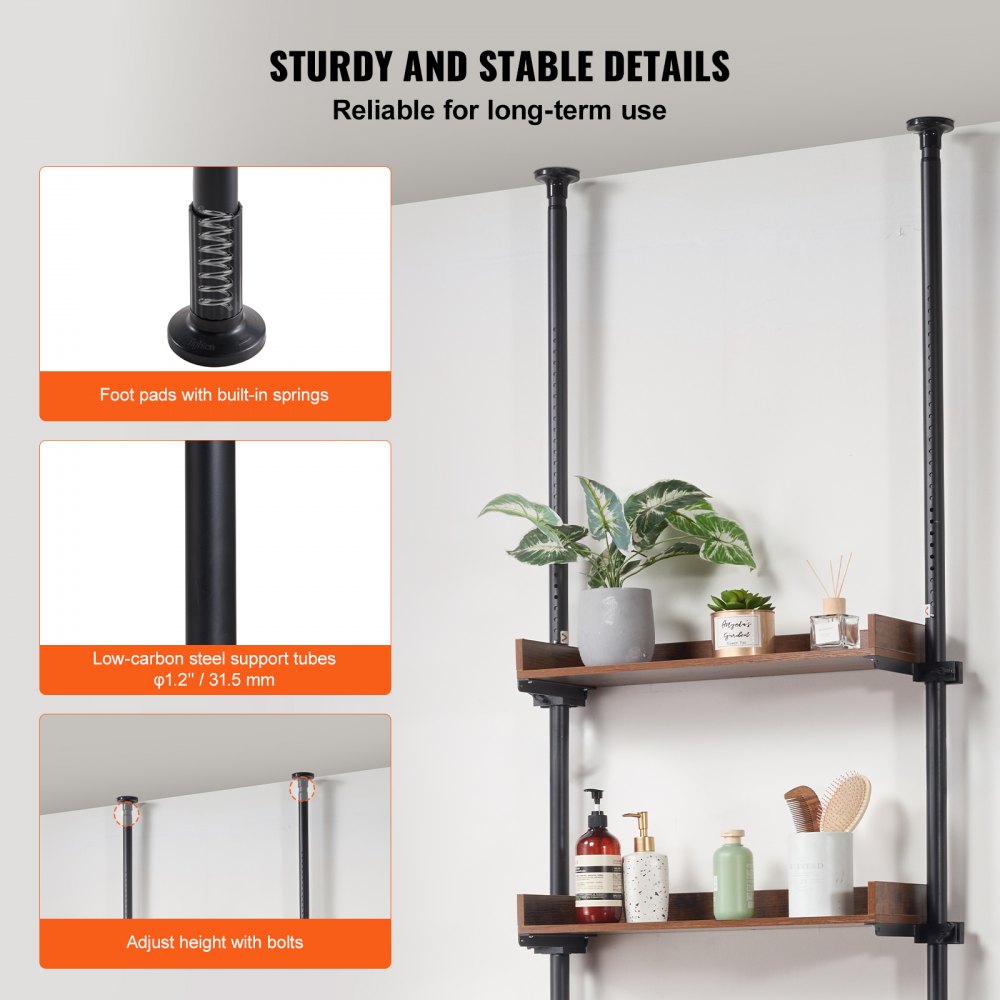 4-tier adjustable bathroom shelf with wooden shelves and tension pole for over-the-toilet storage.