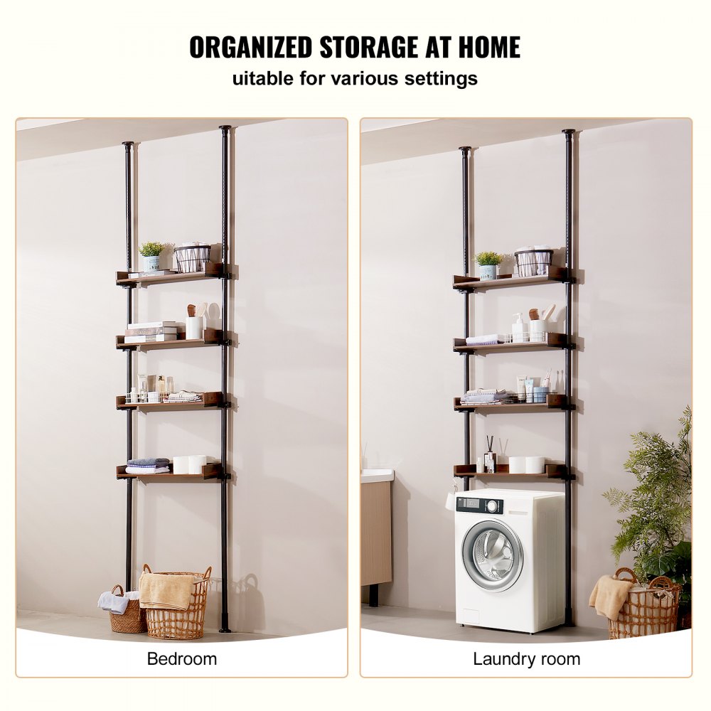 4-tier adjustable bathroom shelf with wooden shelves and a tension pole for over-the-toilet storage.