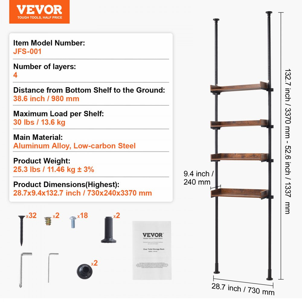 4-tier adjustable bathroom shelf with wooden shelves and tension pole for over-the-toilet storage.