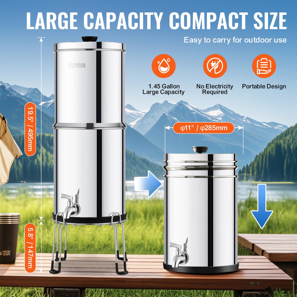 2.25G Gravity-fed Water Filter Countertop System Stainless Steel 2 Filters