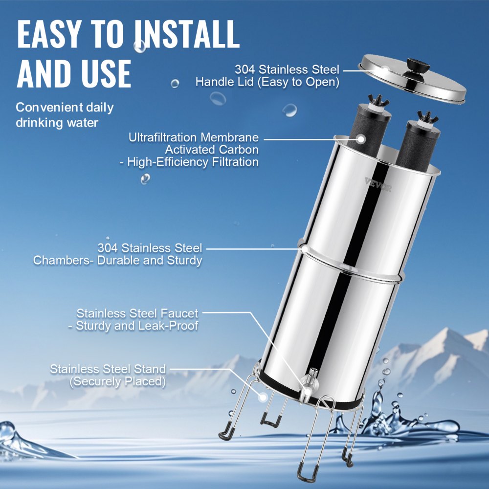 2.25G Gravity-fed Water Filter Countertop System Stainless Steel 2 Filters