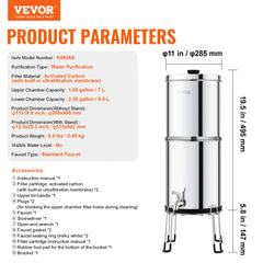 2.25G Gravity-fed Water Filter Countertop System Stainless Steel 2 Filters